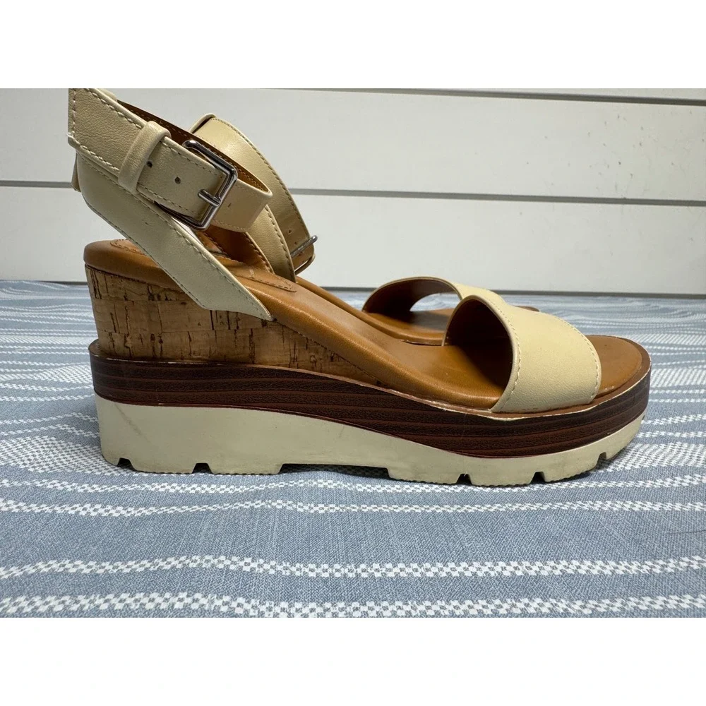 A New Day Womens Cream Cork Platform Wedge Ankle Strap Sandals Size 5